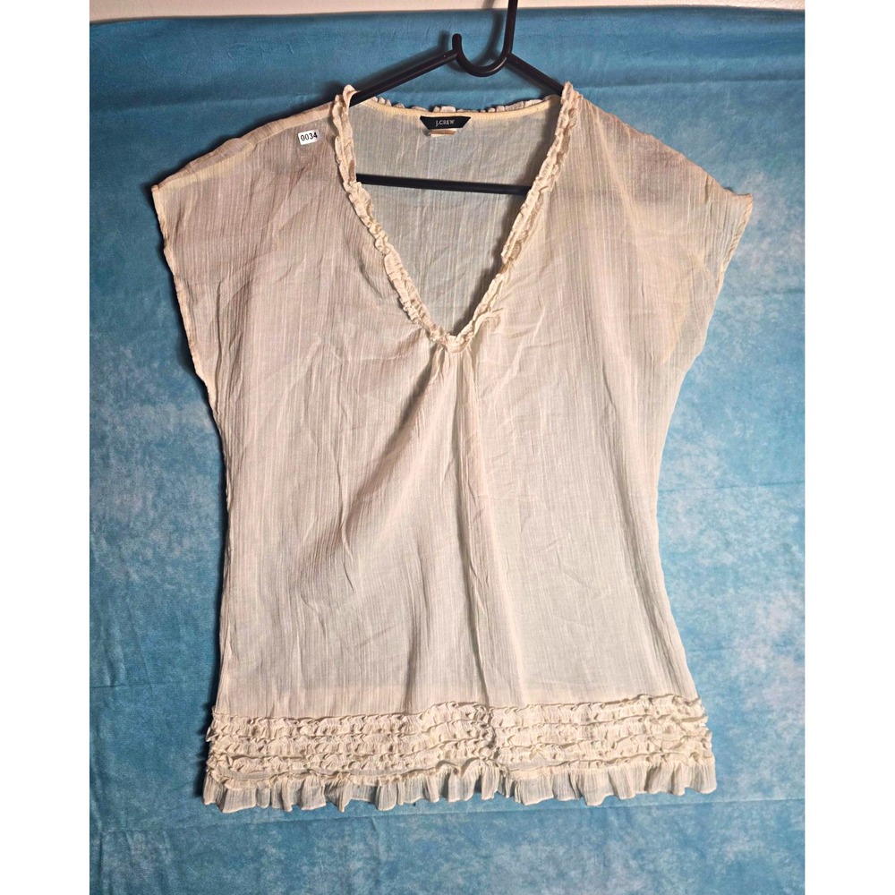 J.Crew Women's White Cotton V-Neck Ruffle Trim Short Sleeve Blouse Size S